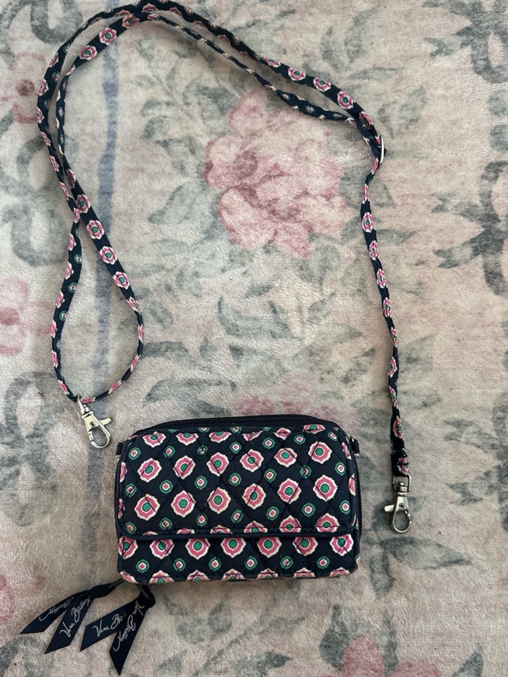 Vera Bradley Navy and Pink Quilted Crossbody with Floral Medallions